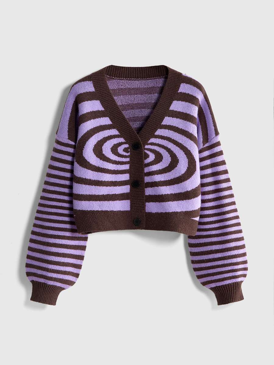 ROMWE Grunge Punk Dark Gothic Cherry Skull Embroidery Contrast Color Short Loose Knit Cardigan - Purple - View 1