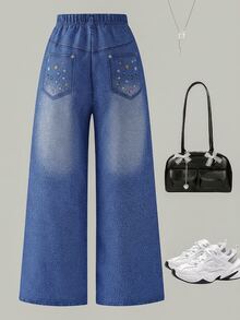 SHEIN 青少年女孩彈性腰休閒日常牛仔效果長褲 - 藍色 - 查看 2