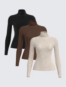 SHEIN BASICS 3PCS Women T-Shirts - Khaki - View 3
