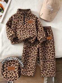 SHEIN 女童粉色豹紋保暖內裡兩件套，半拉鍊立領上衣 + 寬腿褲，加厚保暖內裡 - 彩色 - 查看 1