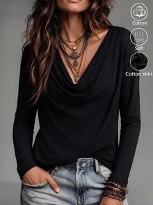 LUMIGAL Black Cotton Blend Knit Cowl Neck Draped Ruched Long Sleeve Slim Fit Top, Front Pleated Design, Elegant Fashion Layering Style, French Chic Commuter Look, Suitable For Office, Commuting, Dating, Inner Layering, Daily Wear And Street Style, Spring/Autumn Women's Knit Top - Black - View 6
