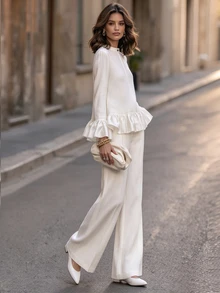 Balvessa Women's Solid Color Round Neck Ruffle Trim Fashionable Premium 2 Pieces Set - White - View 6