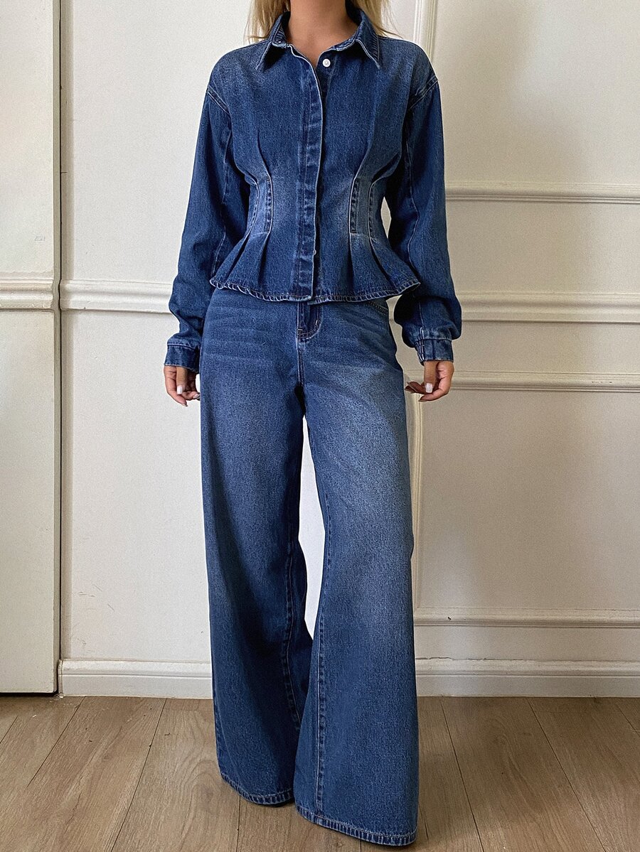 Livesso Women's Button Front Cinched Waist Ruffle Hem Long Sleeve Top With Casual Wide Leg Denim Pants Set - Blue - View 1