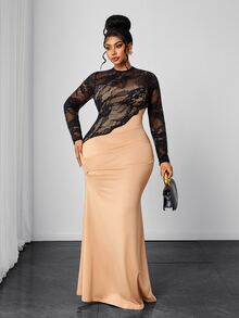 Maweii Plus Size Elegant Fitted Lace Patchwork Long Dress For Women - Apricot - View 3