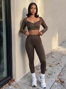 SHEIN Core Rhythm Streetwear Cropped Long Sleeve Top And Leopard Print Patchwork Long Pants Sportswear Set - Brown - View 6