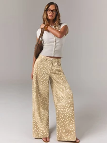 Athîral Denim Women's Casual Versatile All-Over Print Button Pocket Denim Long Pants For Daily Outings - Beige - View 5