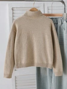 SHEIN 女童新款秋冬杏色高領圓領長袖落肩針織套頭毛衣，可愛校園風中大童秋冬假日與日常穿著上衣 - 卡其色 - 查看 2