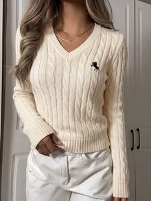 SHEIN EZwear 女款休閒V領長袖針織毛衣，酒紅色，秋季，學校，返校季騎士圖案日常簡約聖誕上衣，紅色上衣 - 杏色 - 查看 6