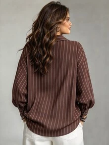 Ceyna Plus Size Brown Striped Cotton Blend Vintage Single-Breasted Button-Down Long Sleeve Shirt, Versatile Outerwear And Inner Layer For Women, Autumn/Winter - Coffee Brown - View 2