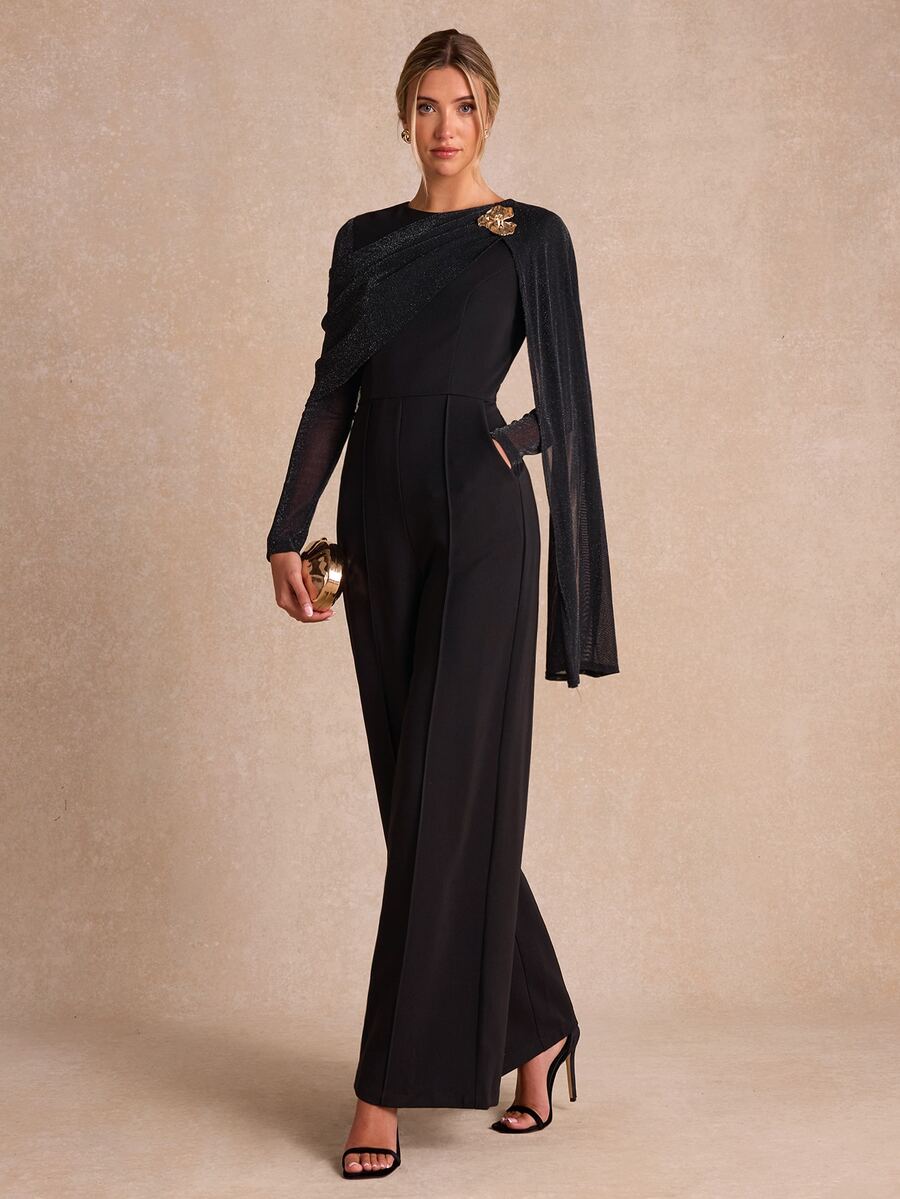 Enchnt Women's Metal Decor Pleated Jumpsuit Evening Wear - Black - View 1