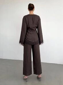 Siren Gaze Women's Autumn/Winter New Lace Patchwork Casual Set - Brown - View 2