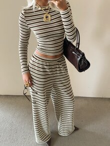 SHEIN EZwear Striped Knit Casual Set For Women - Coffee Brown - View 4