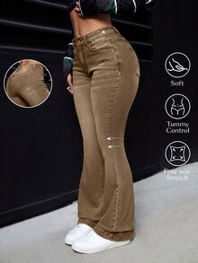 Rivivi Plus Size Button Pocket Zipper Flare Denim Jeans - Brown - View 1