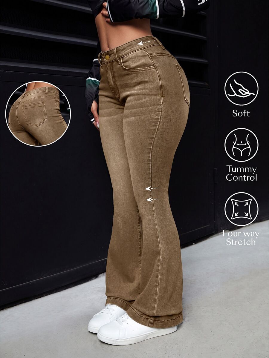 Rivivi Plus Size Button Pocket Zipper Flare Denim Jeans - Brown - View 1