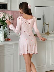SweetSlumber Women's Sweet Ins-Style Striped Strawberry Print Long Sleeve Short Nightgown - Pink - View 2
