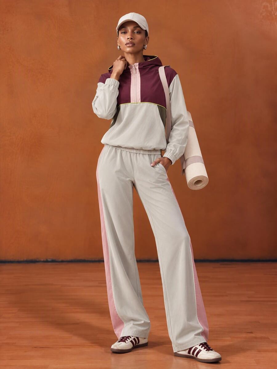 Zivah Conjunto de chaqueta con capucha y pantalones de bloques de color para mujer, casual para uso diario y deportes - Multicolor - Ver 1