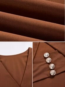 SOLERSUN Plus Size Women's Autumn/Winter Elegant Wrap Metal Single-Breasted V-Neck Blouse With Lantern Wide-Leg Pants - Coffee Brown - View 8