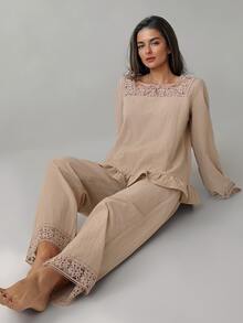 Livesso Women's Solid Color Square Neck Lace Patchwork Fashion Minimalist Pajama Set - Khaki - View 9