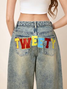 LOONEY TUNES X SHEIN Women's Casual Daily Travel Denim Jeans With Pockets And Buttons - Blue - View 7