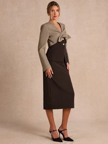 Enchnt Premium Winter Romantic Women's Elegant Brown Color-Blocked Suit Jacket And Skirt Set,Work Outfits,Going Outfits,Formal Outfits,Office Outfit - Brown - View 6