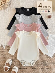 SHEIN Set 4 món bodysuit romper bé gái cơ bản thường ngày, màu trơn, len gân, tay ngắn và tay dài, độ dày vừa, phong cách mùa thu - Nhiều màu - Xem 4