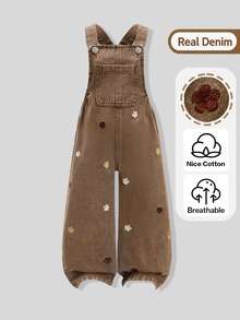 SHEIN Girls' Denim Overalls, New All-Season Style, Casual Versatile Design, Vintage Coffe Brwon Denim Color, Lovely Flower Embroidery, Loose Straight-Leg Fi - Coffee Brown - View 5