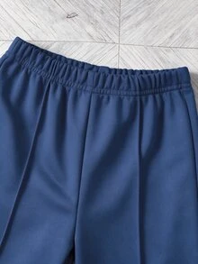SHEIN 男童春夏純色條紋簡約休閒風無圖案修身 Polo 領半拉鍊長袖套頭上衣搭配長褲套裝 S - 寶藍色 - 查看 6