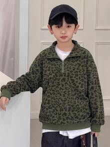 Dazy Kids Tween Boys Casual Loose Leopard Print Polo Collar Sweatshirt, Autumn - Green - View 4