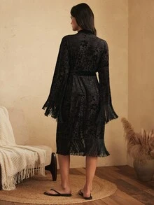 Lullawish Women's Mesh Velvet Floral Tassel Robe - Black - View 2