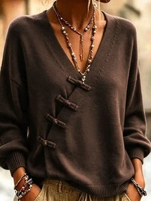 LUMIGAL New Chinese Style V-Neck Asymmetrical Collar With Frog Buttons, Dropped Shoulder Loose Lantern Long Sleeve Ribbed Hem Cardigan Sweater For Women, Autumn - Coffee Brown - View 5