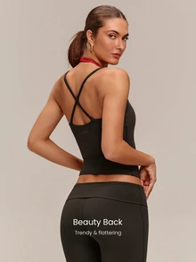 GLOWMODE FeatherFit™ Front And Center 2-In-1 Waist Length Tank Top With Crossover Back & Integrated Cup Design Low Impact Yoga Pilates Studio Daily Casual - Chocolate Brown - View 2