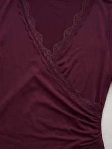 Sweetra CURVE Plus Size Burgundy Asymmetrical Long Sleeve Wrap Lace Trim Sexy T-Shirt, Autumn/Winter - Burgundy - View 6