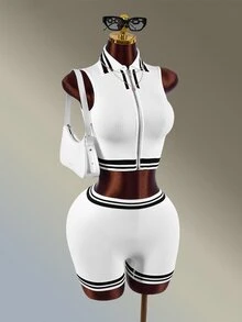 Amplova Women's Colorblock Zip-Up Top And Shorts Casual Daily Sports Outfit - White - View 1