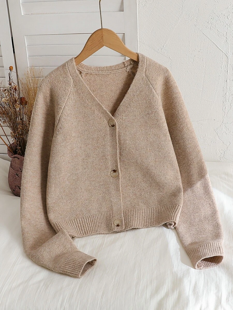 Teen Girl Ribbed Button Long Sleeve Knit Cardigan - Khaki - View 1