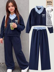 SHEIN 青少年女孩秋冬抓絨2件套套裝，學院風翻領2合1短版衛衣配蝴蝶結刺繡與寬腿運動長褲套裝 - 藏蓝色 - 查看 1