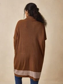 Nubod Plus Size Women's Knit Colorblock Long Sleeve Turtleneck Batwing Sweater, Comfortable Casual - Brown - View 2
