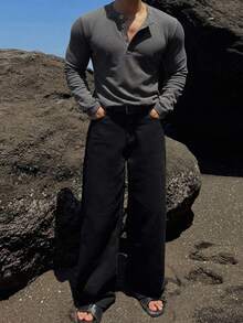 DAZY Spring/Autumn Dark Grey Waffle Fabric Long Sleeve Crew Neck Half-Button Plus Size Men's T-Shirt - Dark Grey - View 3