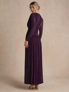 Enchnt Women's Solid Color V-Neck Pleated Casual Party Long Dress - Red Violet - View 6