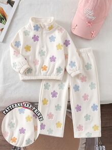 SHEIN Playful Pals 女童粉色豹紋保暖內裡兩件套，半拉鍊立領上衣 + 寬腿長褲 - 彩色 - 查看 3