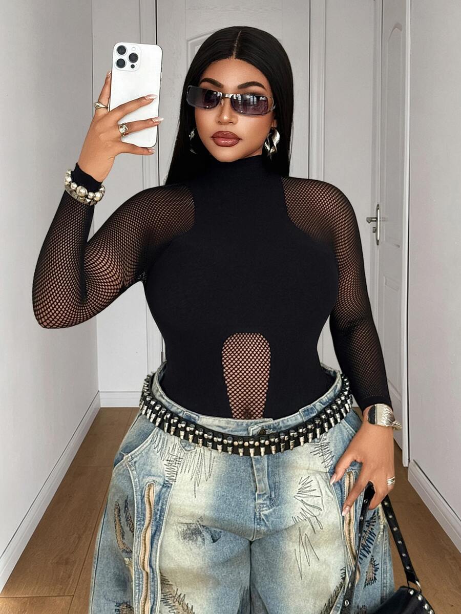 Maweii Women's Plus Size Sexy Fishnet Solid Color Bodysuit - Black - View 1