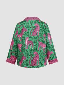 Chillnights Young Colorblock Leopard Print Collared Woven Plus Size Pajama Set - Green - View 4