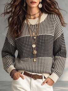 Trelyra Casual Fit Mock Neck Long Sleeve Knit Contrast Color Jacquard Design Women's Autumn/Winter Sweater - Multicolor - View 6