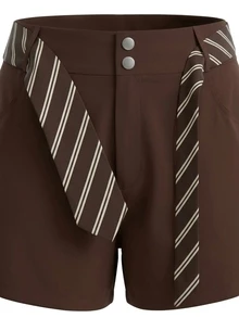 Sweetra CURVE Women's Plus Size Fashion Solid Color Shorts With Striped Belt - Brown - View 5