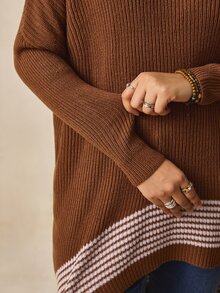 Nubod Plus Size Women's Knit Colorblock Long Sleeve Turtleneck Batwing Sweater, Comfortable Casual - Brown - View 6