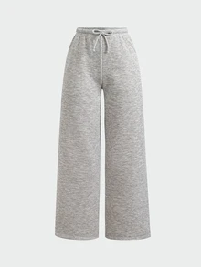 SHEIN 青少年女孩秋冬保暖內裡加厚寬鬆寬腿運動長褲 花卉灰色淺灰色 日常休閒百搭簡約舒適抽繩長褲 - 淺灰色 - 查看 2