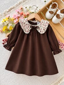 SHEIN 女童秋季復古棕色碎花大領結公主風長袖洋裝 - 咖啡棕 - 查看 8