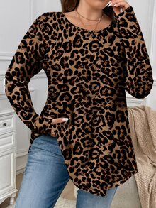 Firerie Vintage Leopard Print Casual Minimalist Round Neck Plus Size T-Shirt Autumn/Winter - Multicolor - View 2
