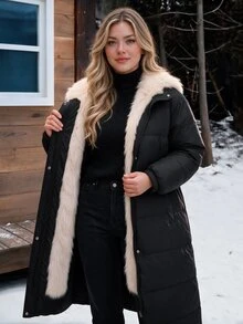 Easura Plus Size Winter Faux Fur Patchwork Hooded Padded Coat With Pockets - Black - View 4