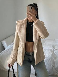 SHEIN EZwear Solid Color Long Sleeve Casual PU Patchwork Waisted Jacket With Drawstring In Fall/Winter - Apricot - View 4