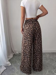 SHEIN PETITE Women's Leopard Print Casual Versatile Everyday Travel Pants - Multicolor - View 2